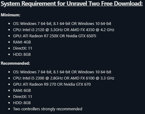 UNRAVEL 2 system requirements